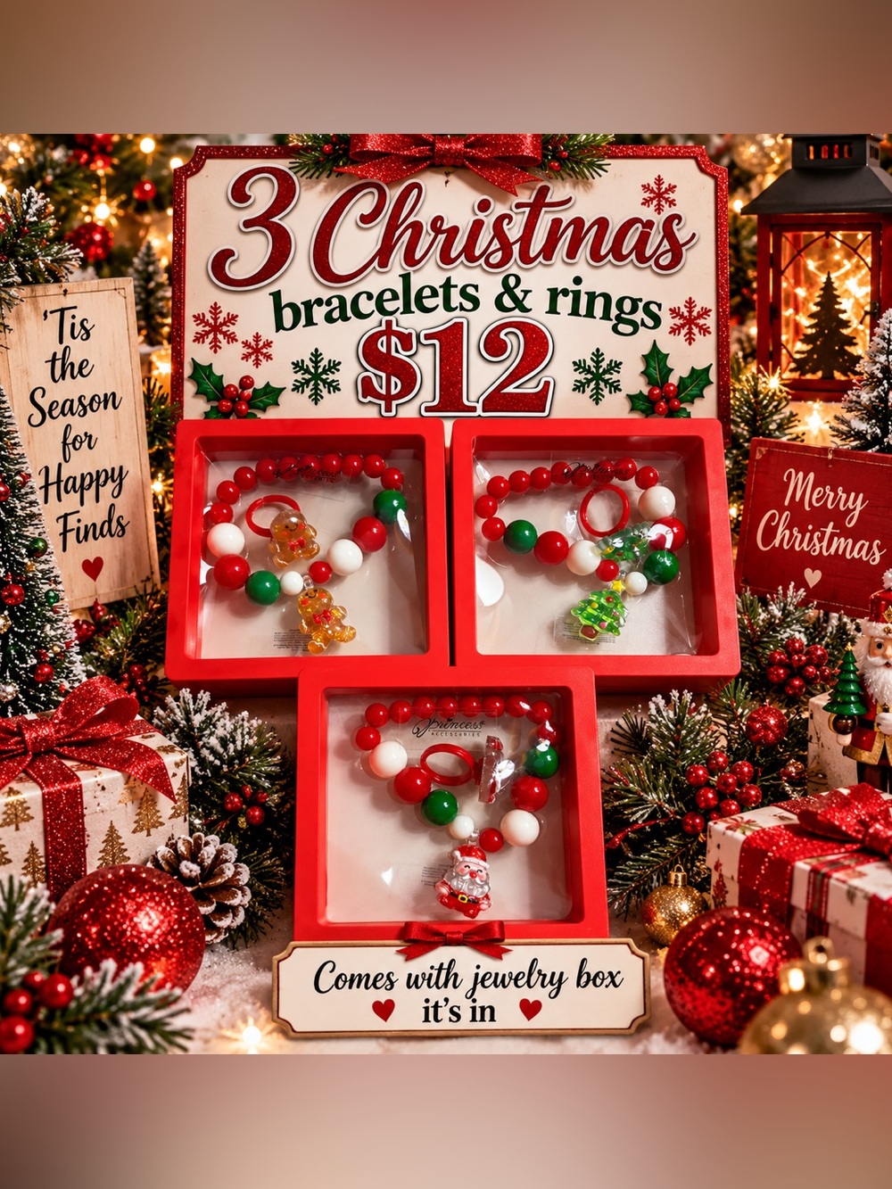3-Christmas Bracelet & Ring Sets-comes with jewelry boxes